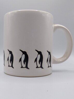 Vintage Waechtersbach White Coffee Mug Black Penguins at Base Made In Spain
